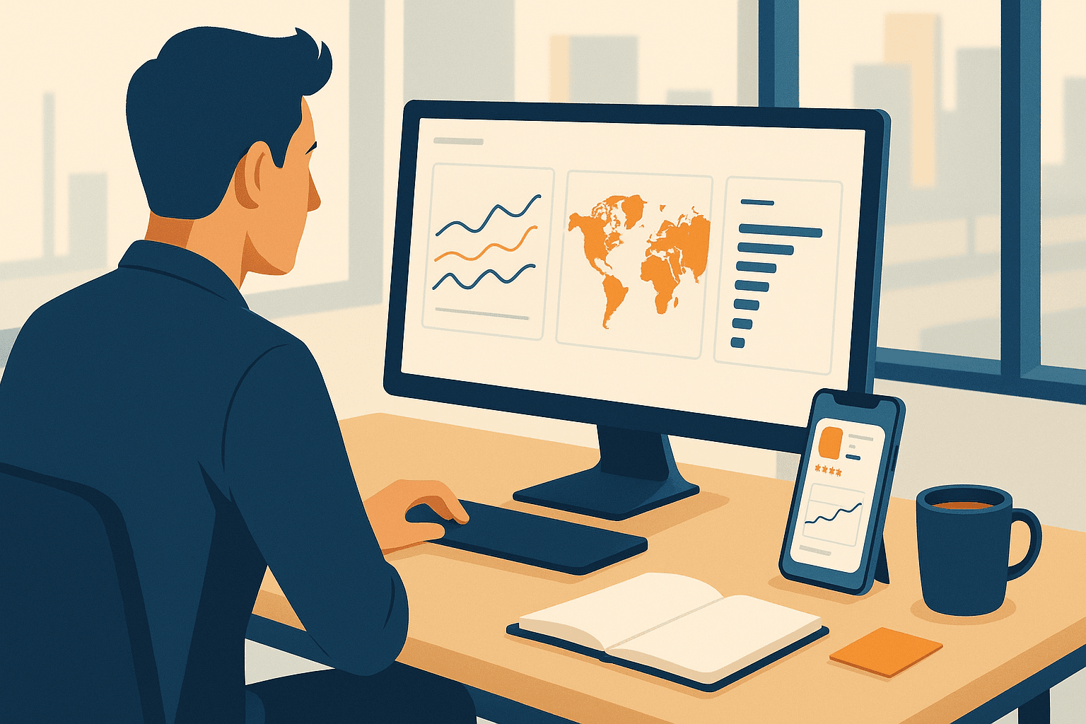 Product manager reviewing app store ranking tracker dashboards on a large monitor and smartphone showing ranking charts