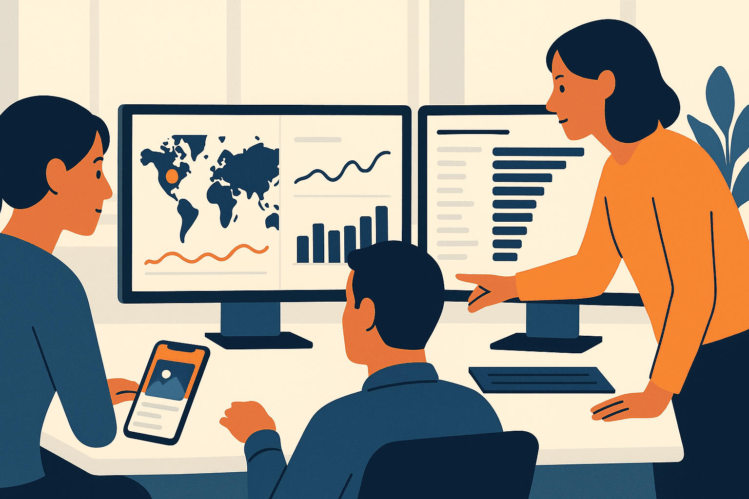 Product manager reviewing keyword tracking app store dashboards on multiple monitors