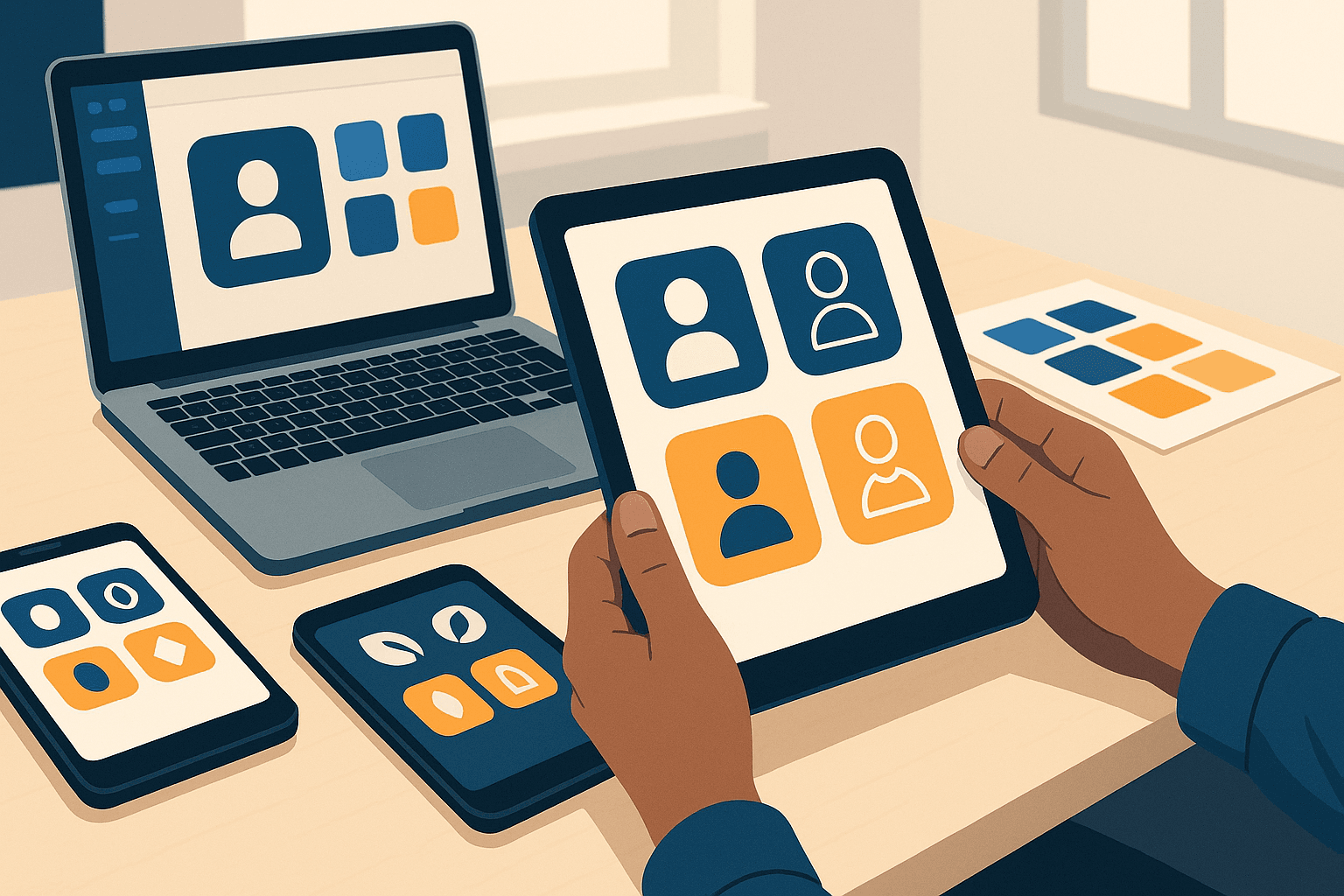 Designer comparing app icon optimization variations on smartphone screens in a studio