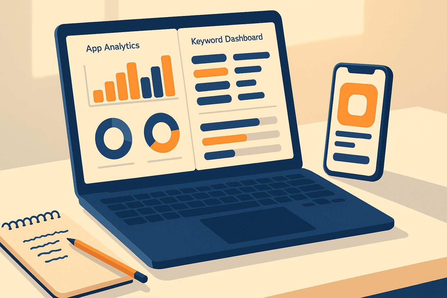 Workspace showing ASO meaning analytics on a laptop and app listing on a smartphone with graphs and notes
