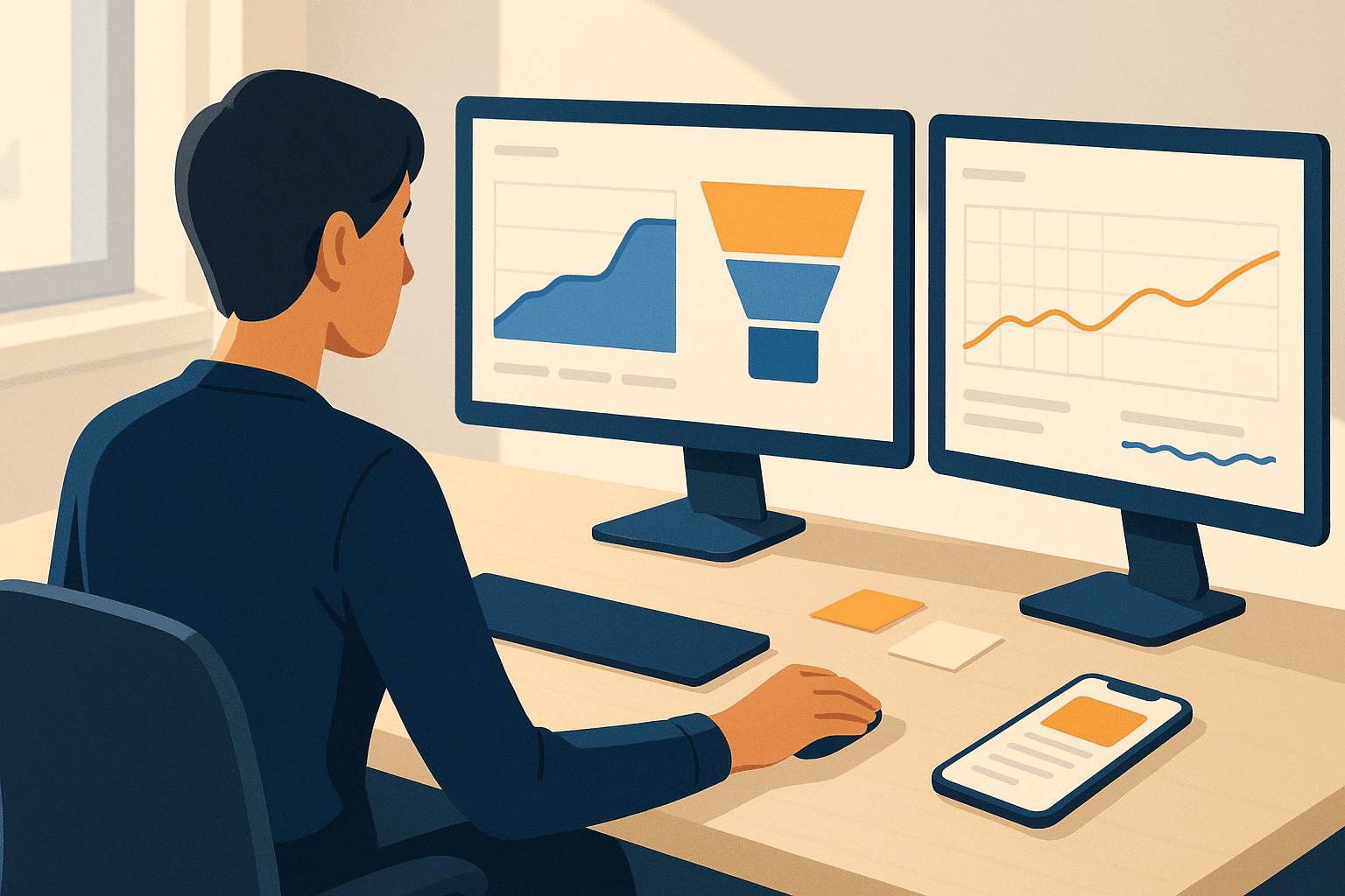 Product manager dashboard showing how app store ranking works with charts for installs, conversion, and retention