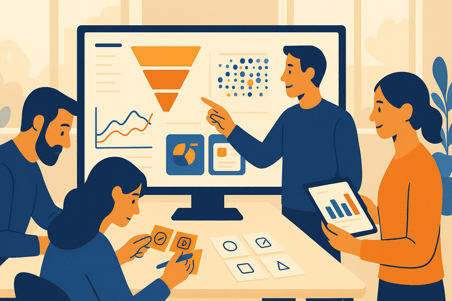 Product team team reviewing app growth strategies on a dashboard with charts and creatives