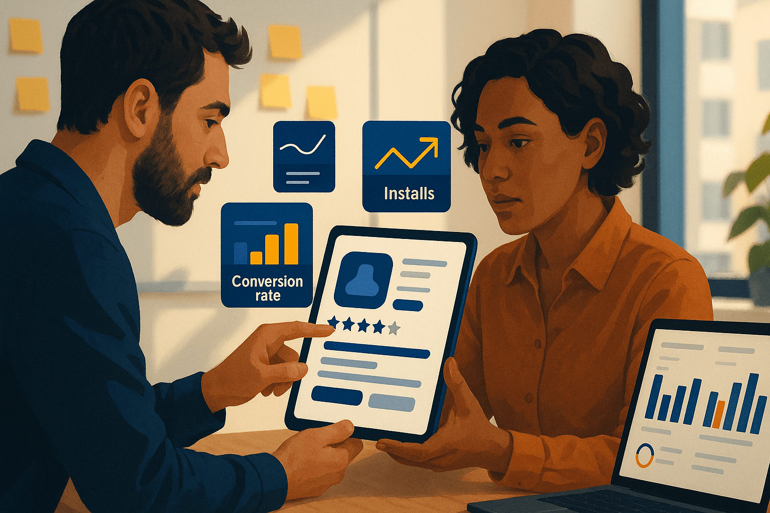 Smartphone store listing and analytics dashboard showing strategies to boost app visibility