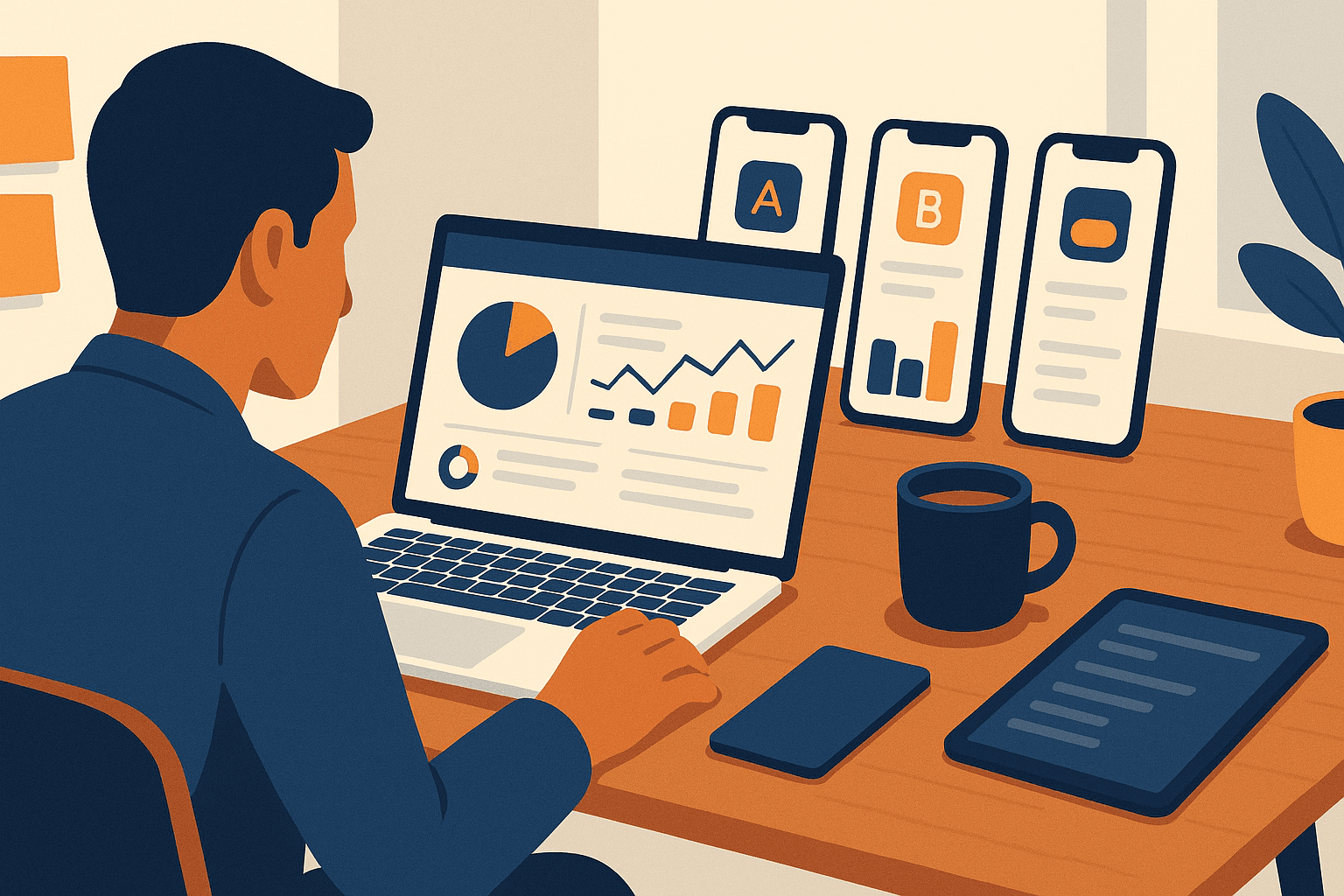 App store analytics dashboard and phone thumbnails showing optimization experiments for how to rank higher in app store