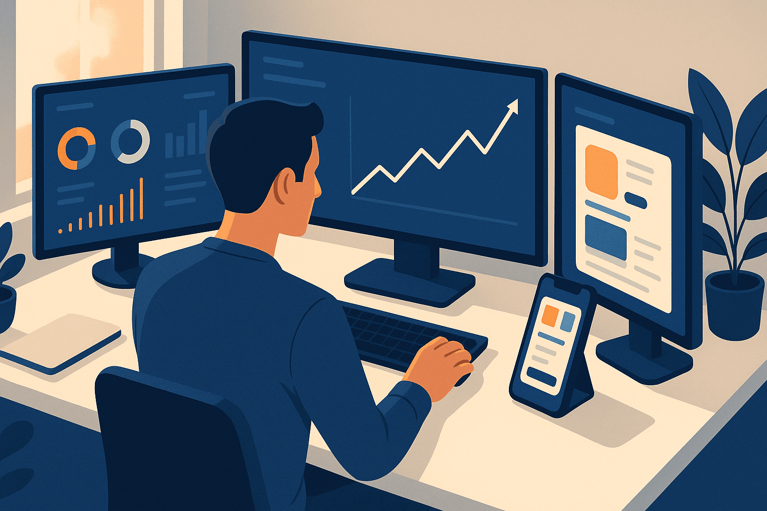 Manager reviewing analytics dashboard with charts and app screenshots, planning how to improve app store ranking