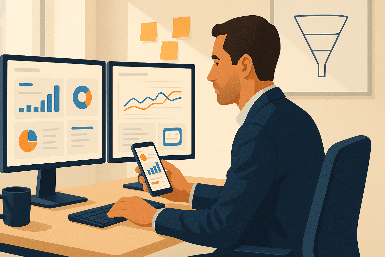 ASO strategist reviewing app store metrics to increase app installs organically, with charts and a phone showing a store listing