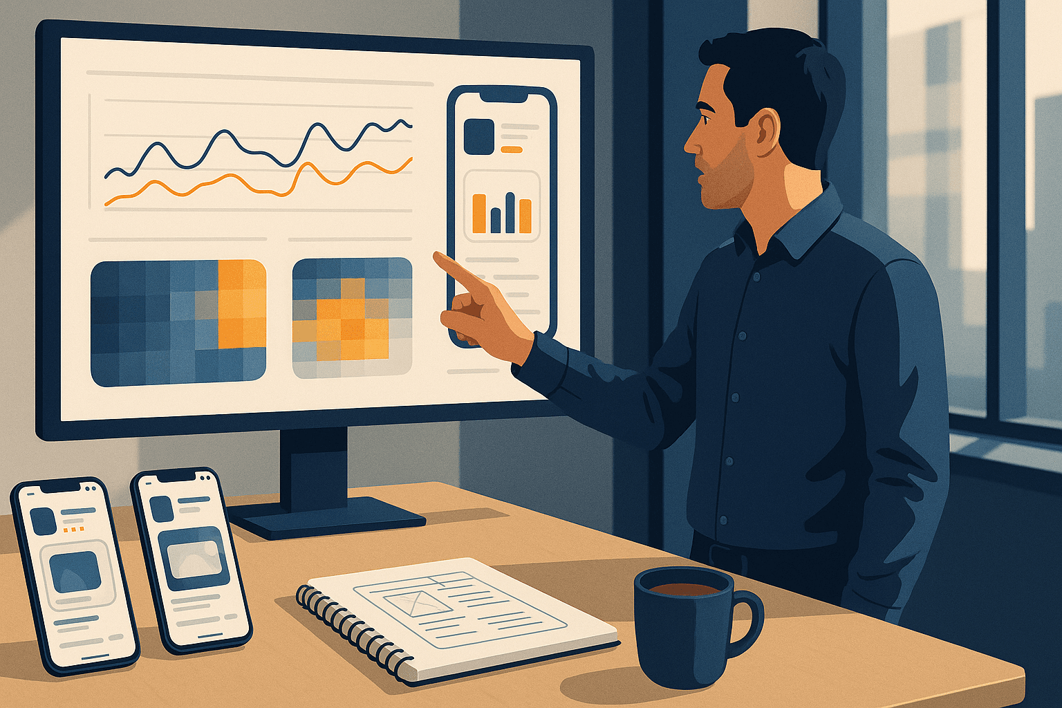 Marketer reviewing app store analytics to increase app store impressions on a phone and dashboard