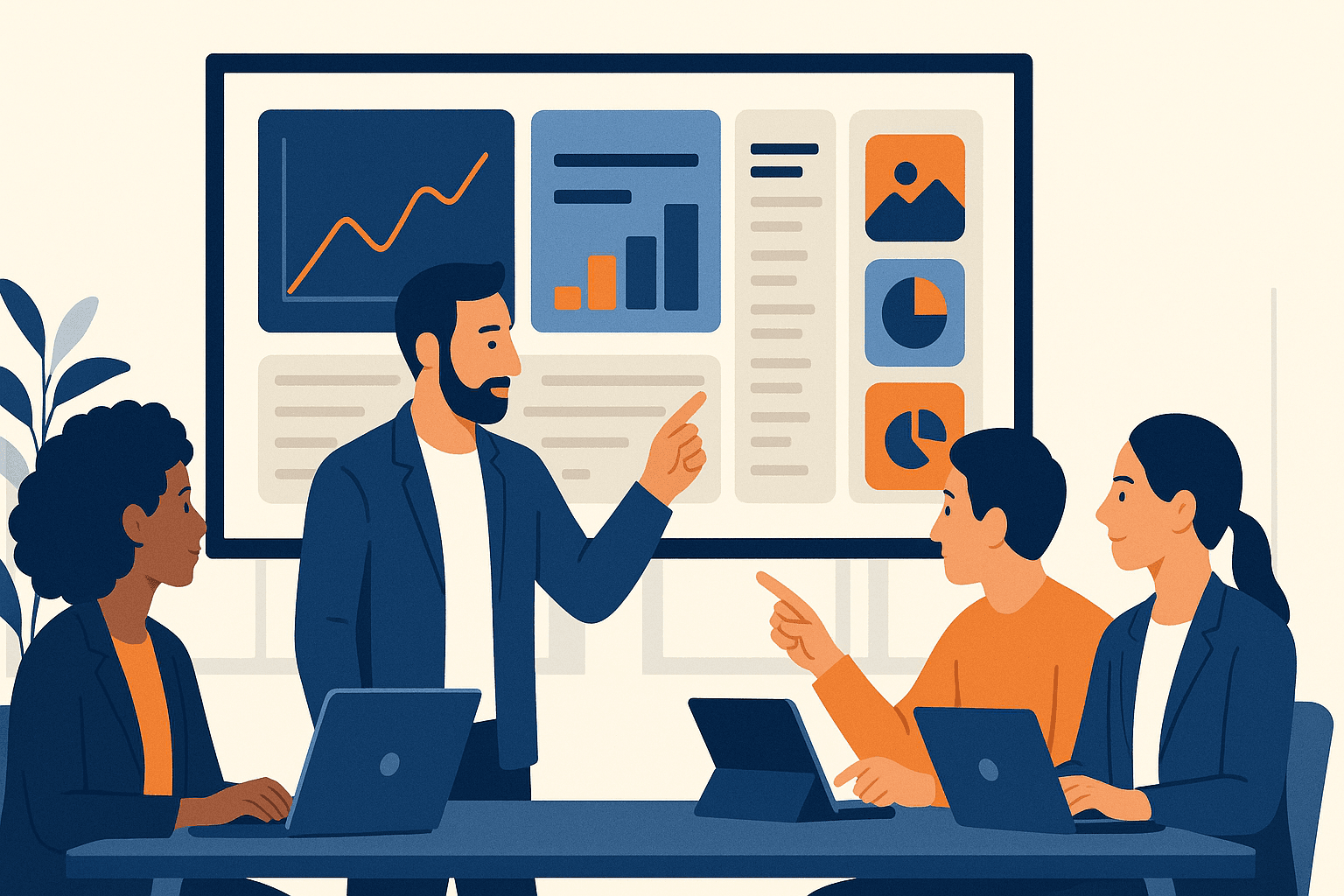 Product manager meeting with an app marketing agency team reviewing ASO dashboards and creative thumbnails