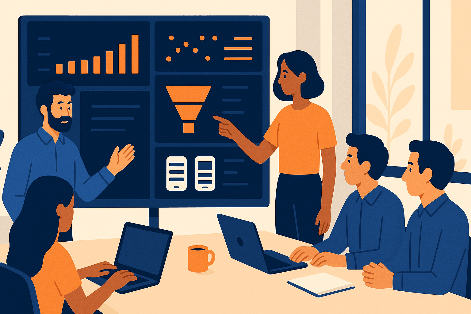 Product manager and ASO consultant reviewing app store conversion charts on a large monitor, representing an ASO agency engagement