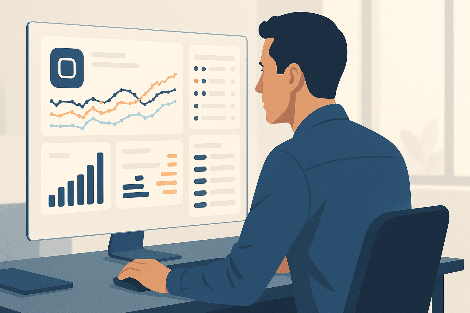 Product manager using an app keyword research tool dashboard showing keyword rankings and volume charts