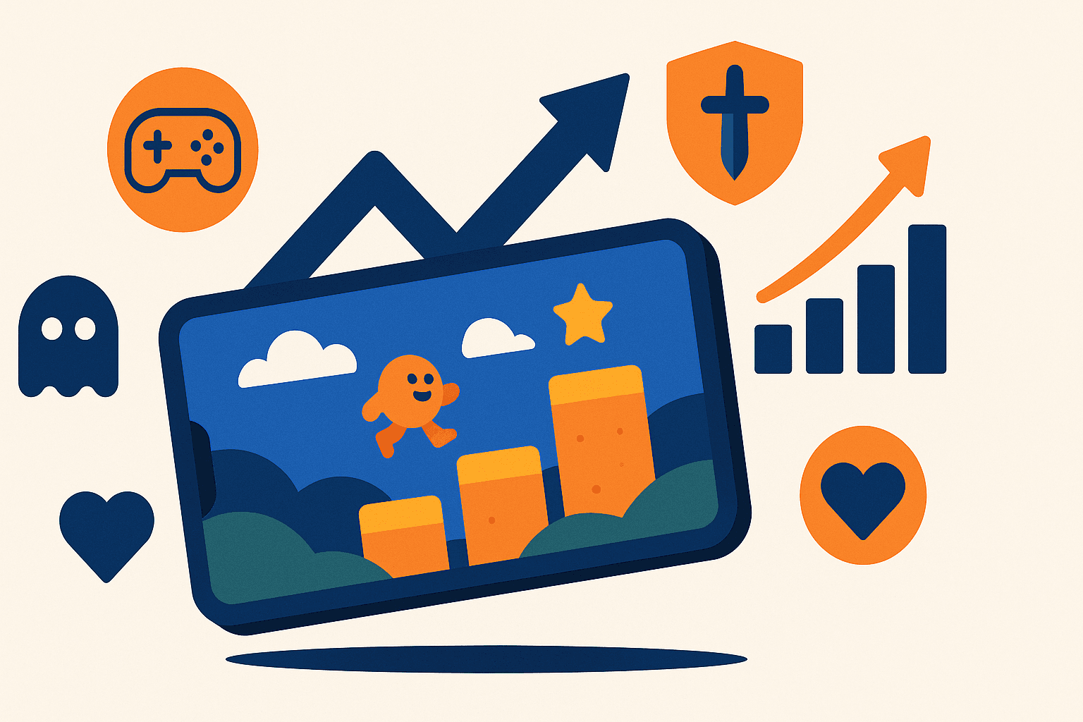 Mobile game store listing with icon, screenshots, and genre keywords illustrating ASO for mobile games