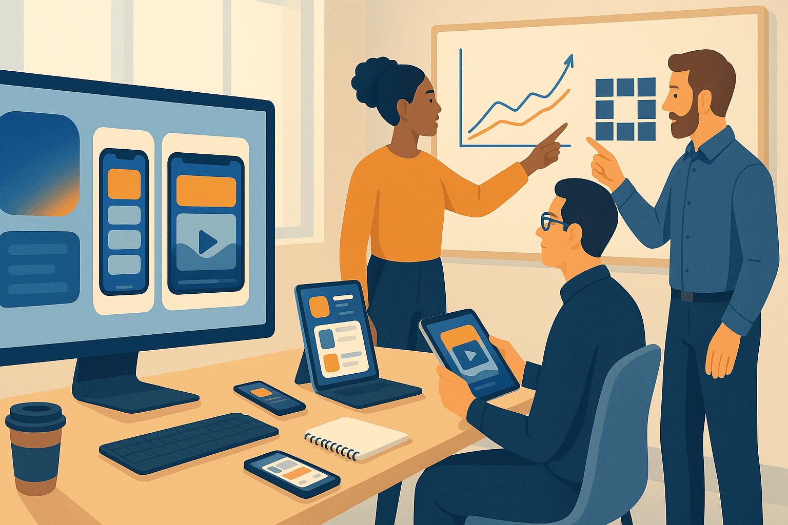 Team running A/B testing app store experiments, reviewing icon, screenshots and video on multiple screens
