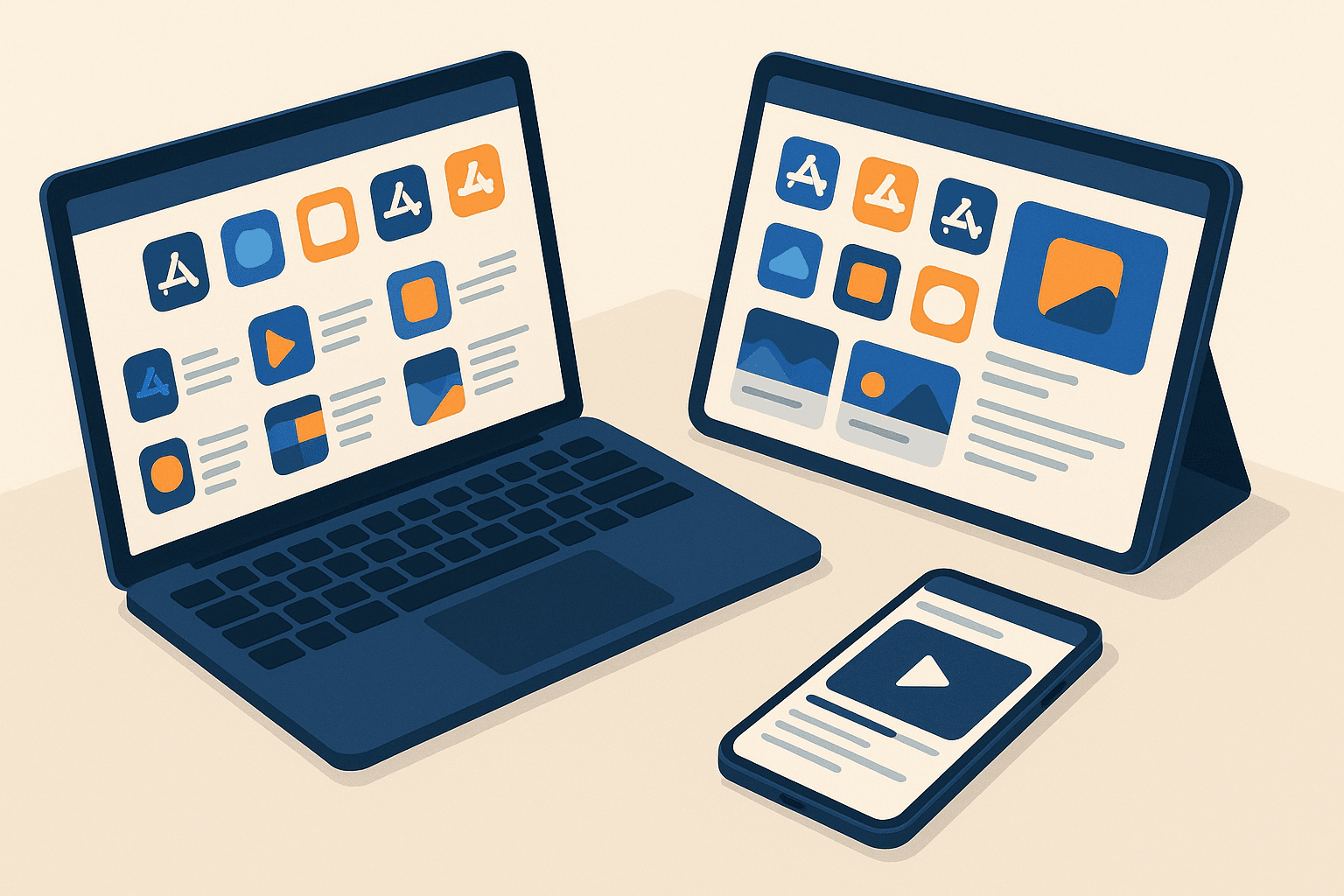 Grid of app icons, screenshots and preview video frames illustrating app icon, screenshot and video size guidelines for iOS and Android