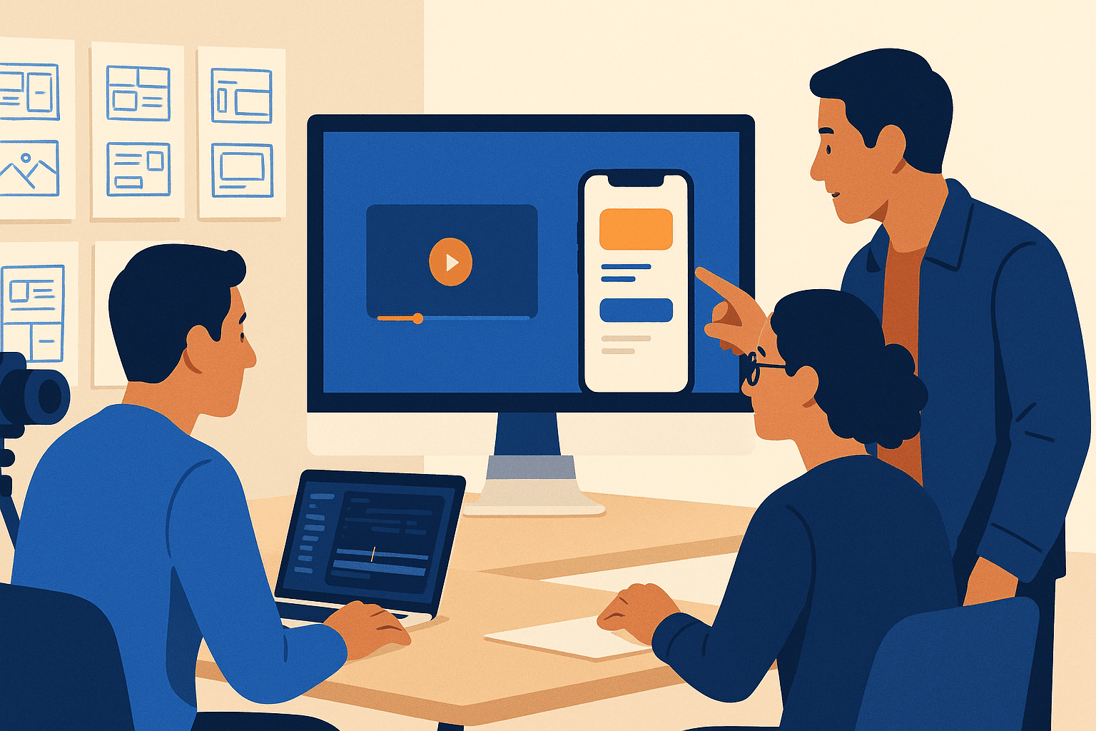 Designer reviewing app preview video best practices on a tablet and smartphone in a studio