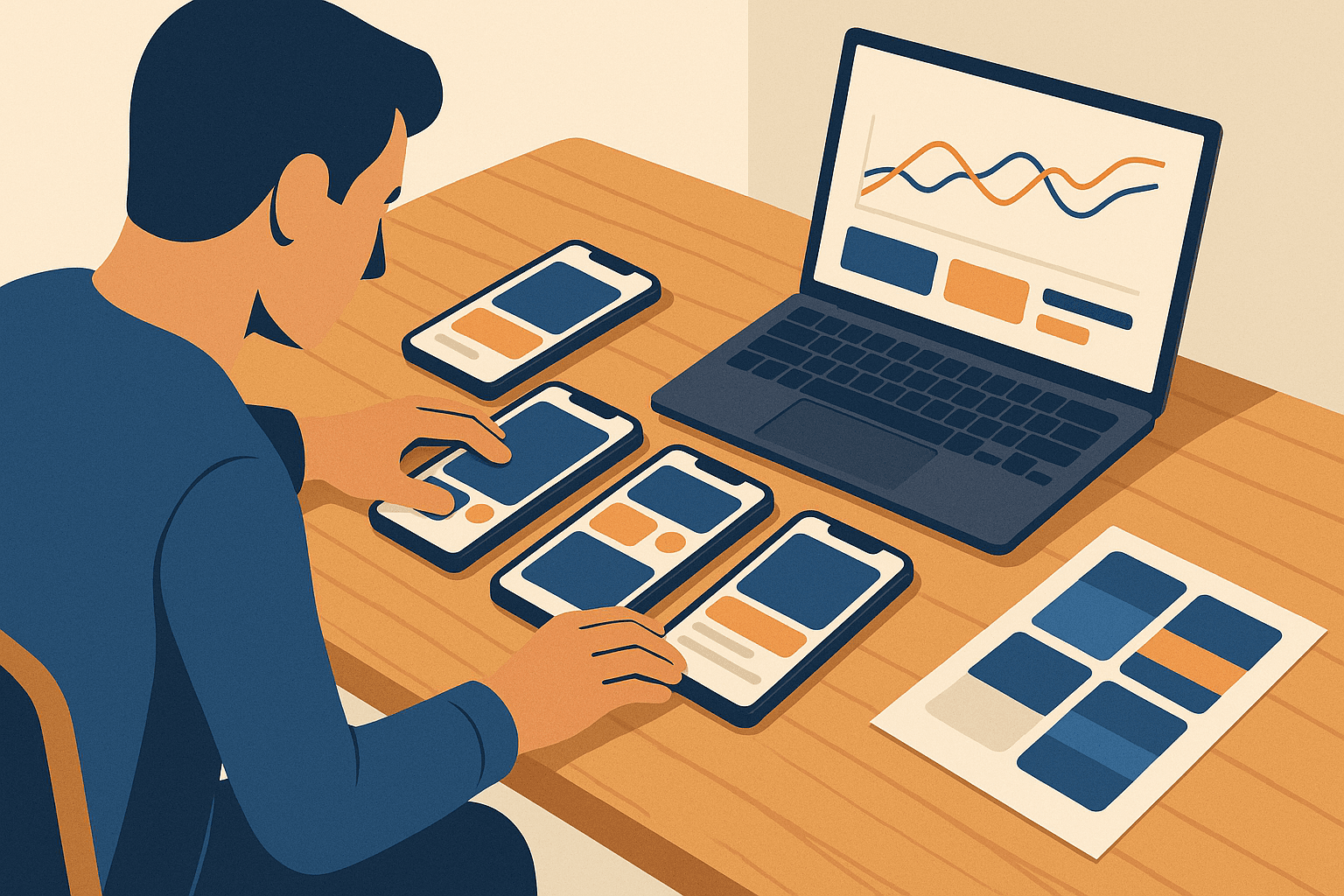 Designer arranging mobile app screenshots to optimize app screenshot design and conversion