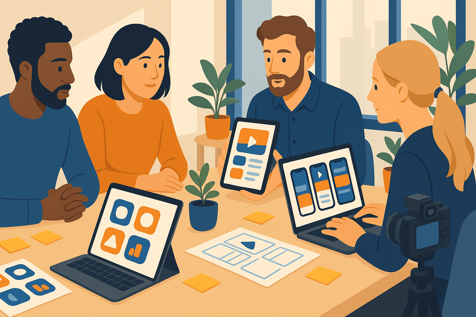 Design team reviewing app icons, screenshots, and a storyboard on screens for app store conversion rate optimization