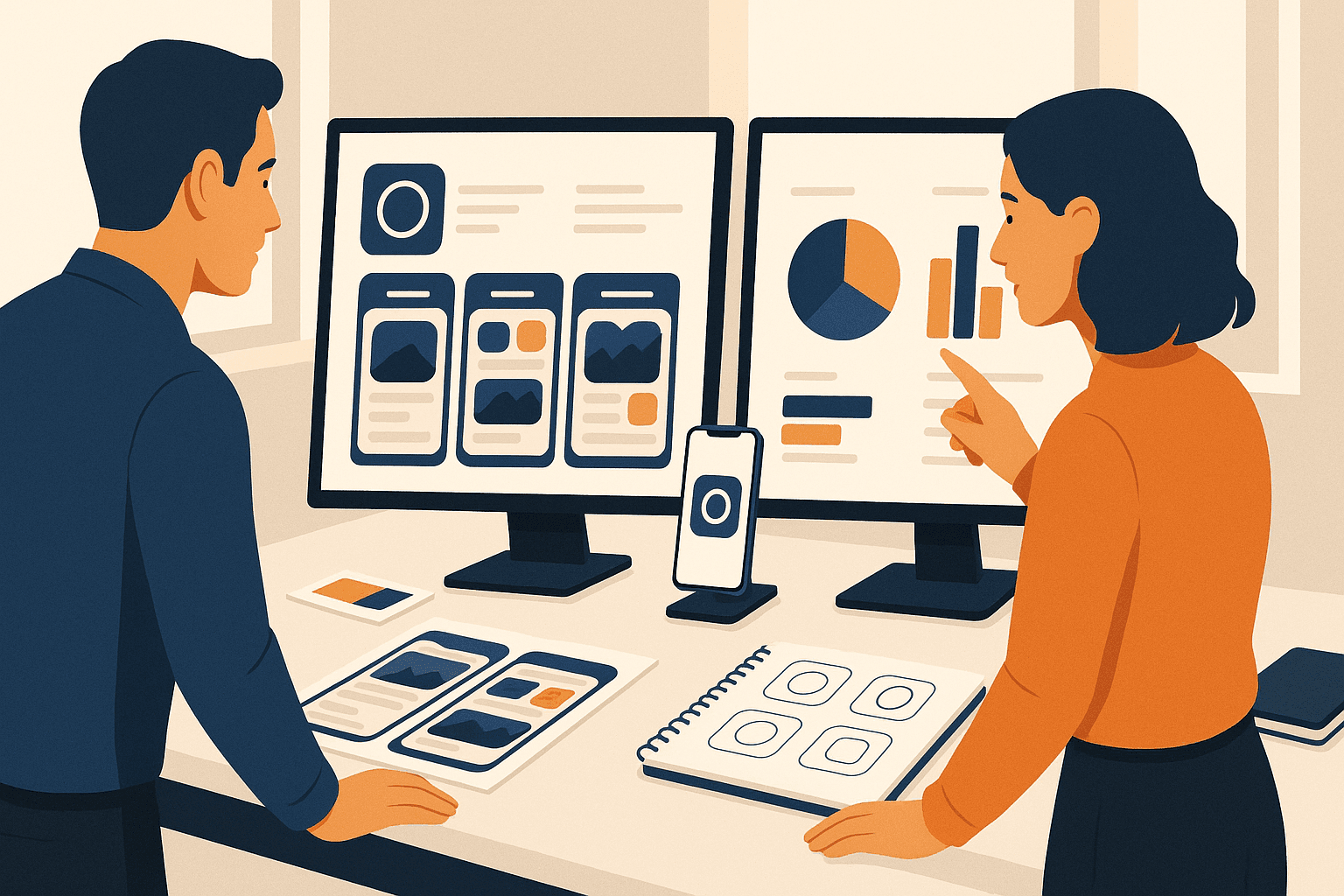 Mobile app product page optimization on iOS shown across iPhone screens with designer and analyst reviewing icons, screenshots, and A/B test charts