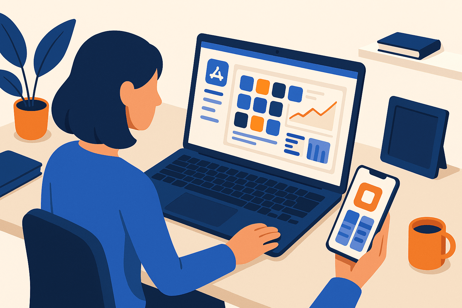 Illustration of a product manager learning ASO for beginners with a laptop showing app store metrics and creatives