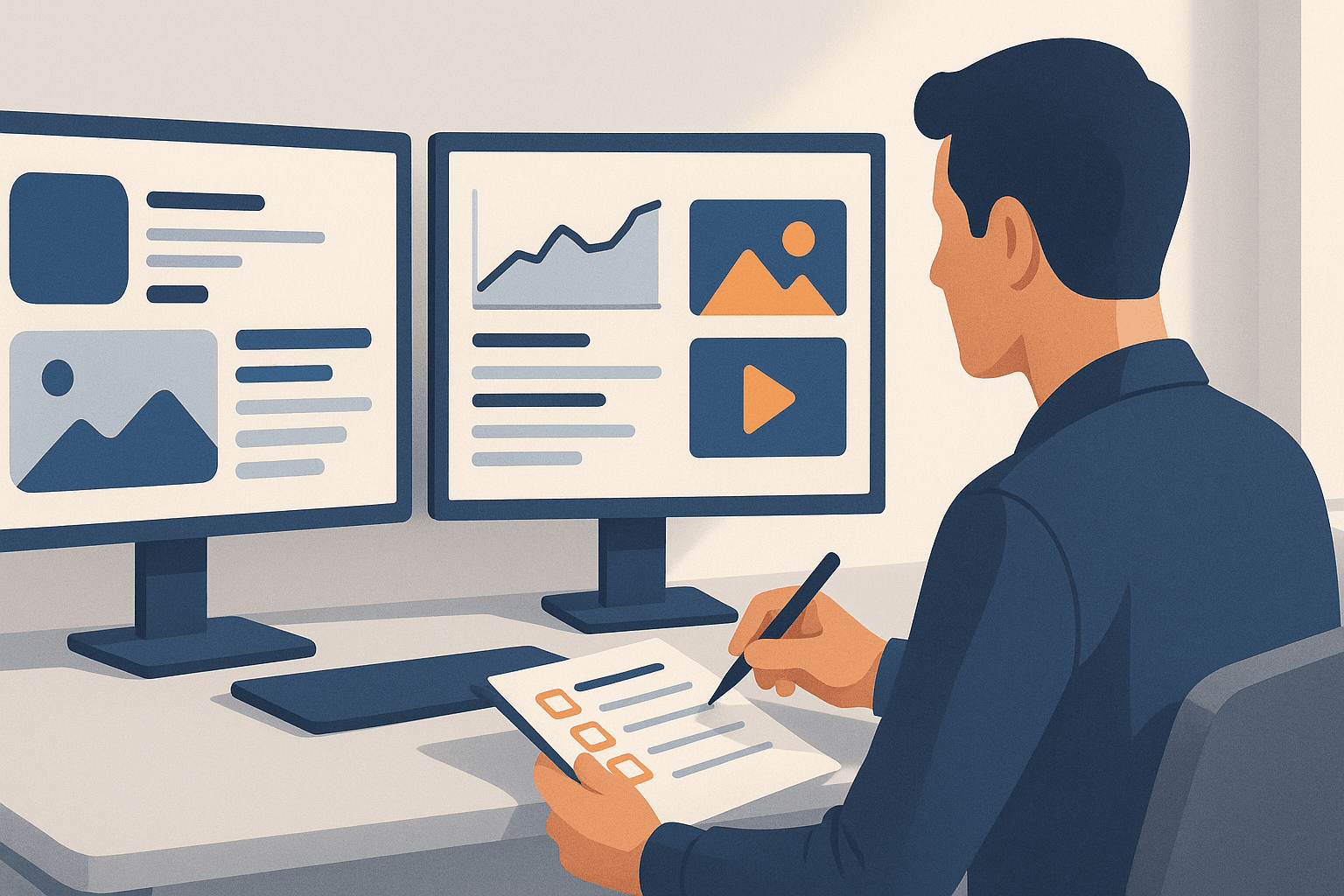 Product manager weighing ASO strategy decisions across keyword, creative, and market priorities on multiple monitors