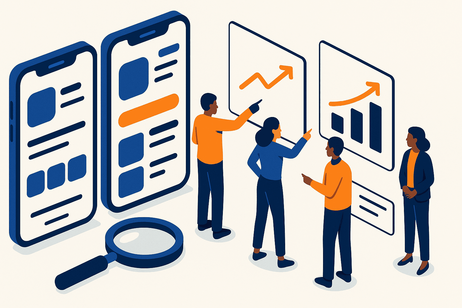 Mobile screens, charts and magnifying glass illustrating what is ASO and app ranking