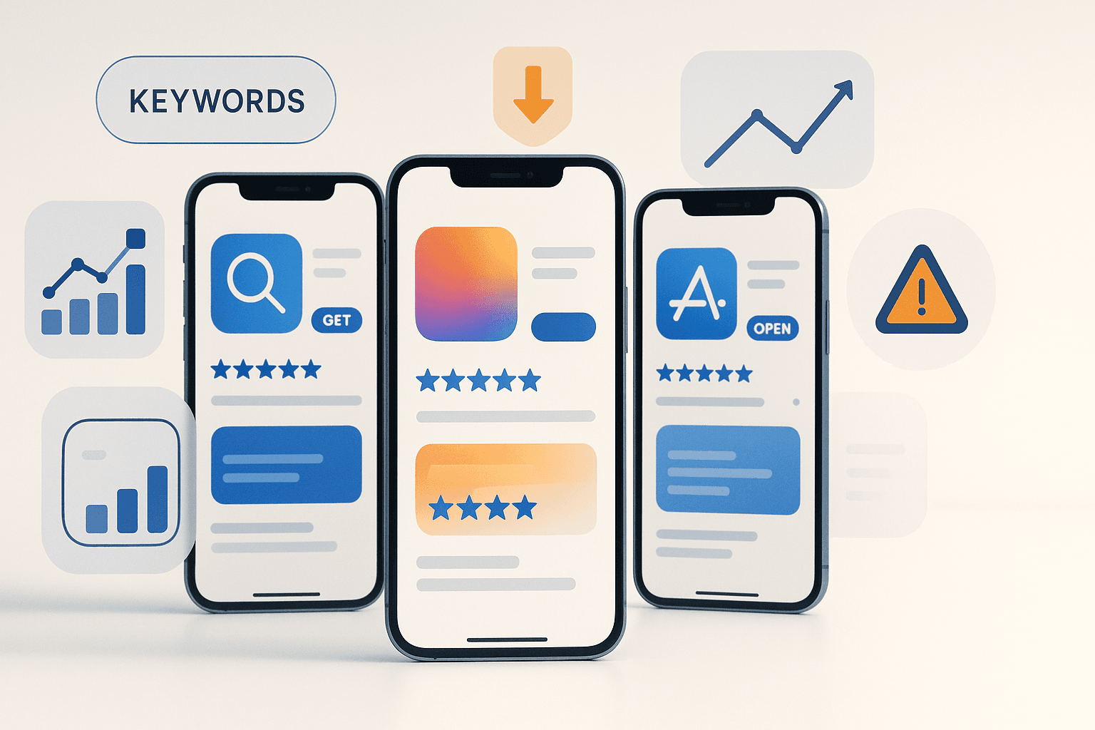 Visualization of apple app store ranking factors showing app metadata, downloads, ratings, and engagement influencing search ranking on iPhone screens