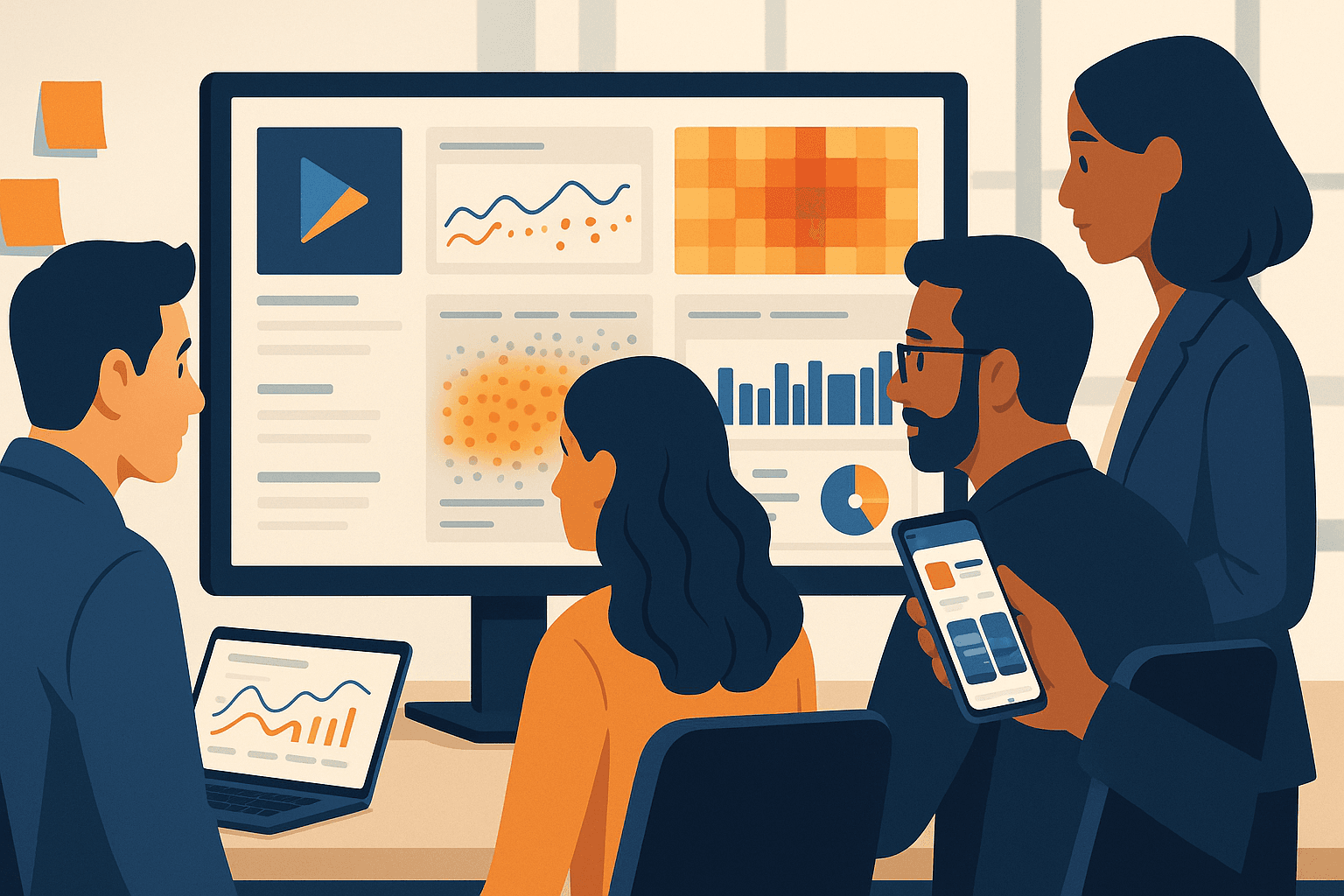 Mobile marketing team analyzing Google Play Store SEO metrics on a dashboard with charts and Play Console UI