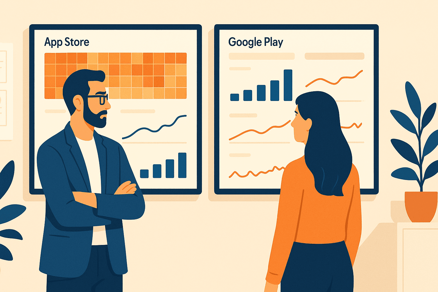 Developer reviewing App Store and Google Play analytics to optimize app store listing