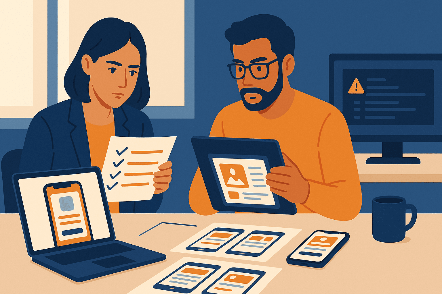 Developer reviewing app rejection reasons checklist on laptop