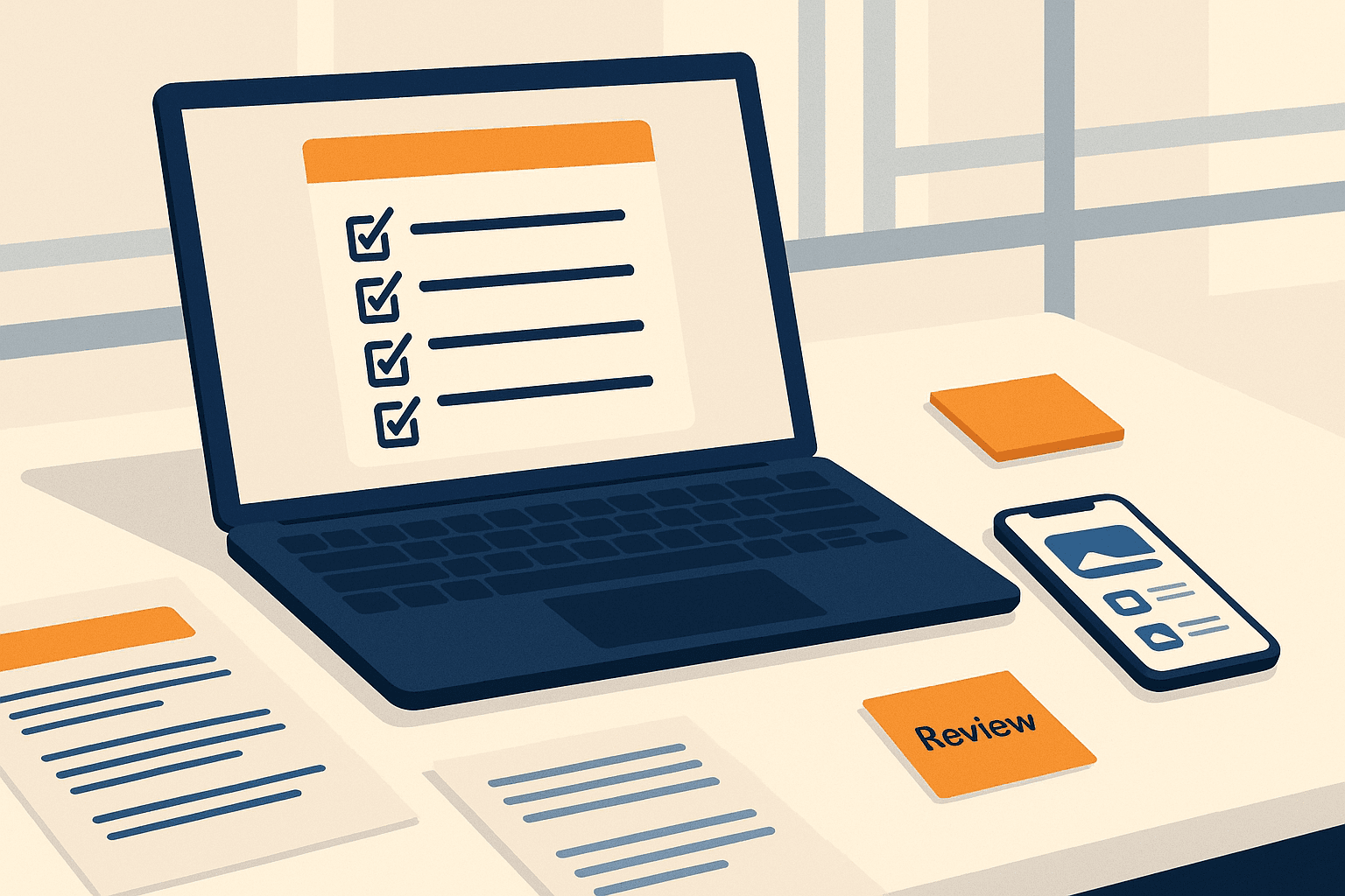 Developer reviewing an app store compliance checklist on a laptop with phone screenshots and notes