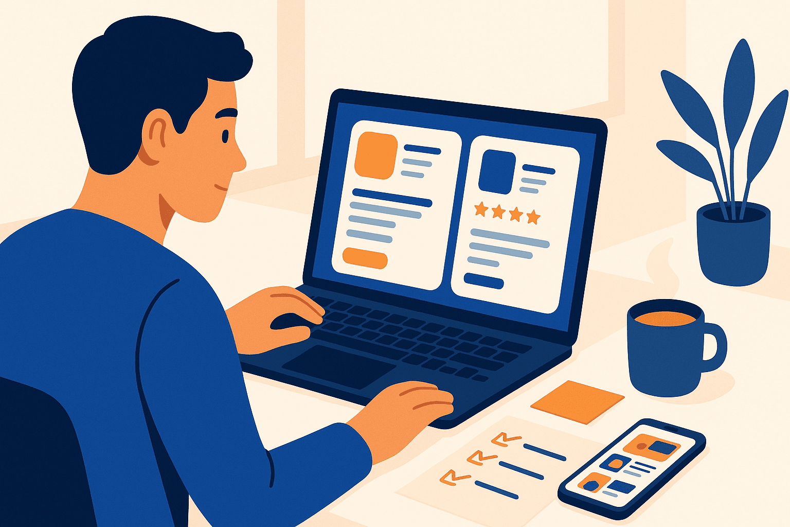 Product manager reviewing app store metadata guidelines on a laptop with screenshots and a checklist