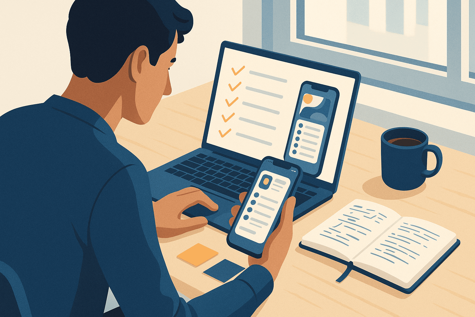 Developer reviewing app store review guidelines on a laptop with a checklist and mobile screenshots